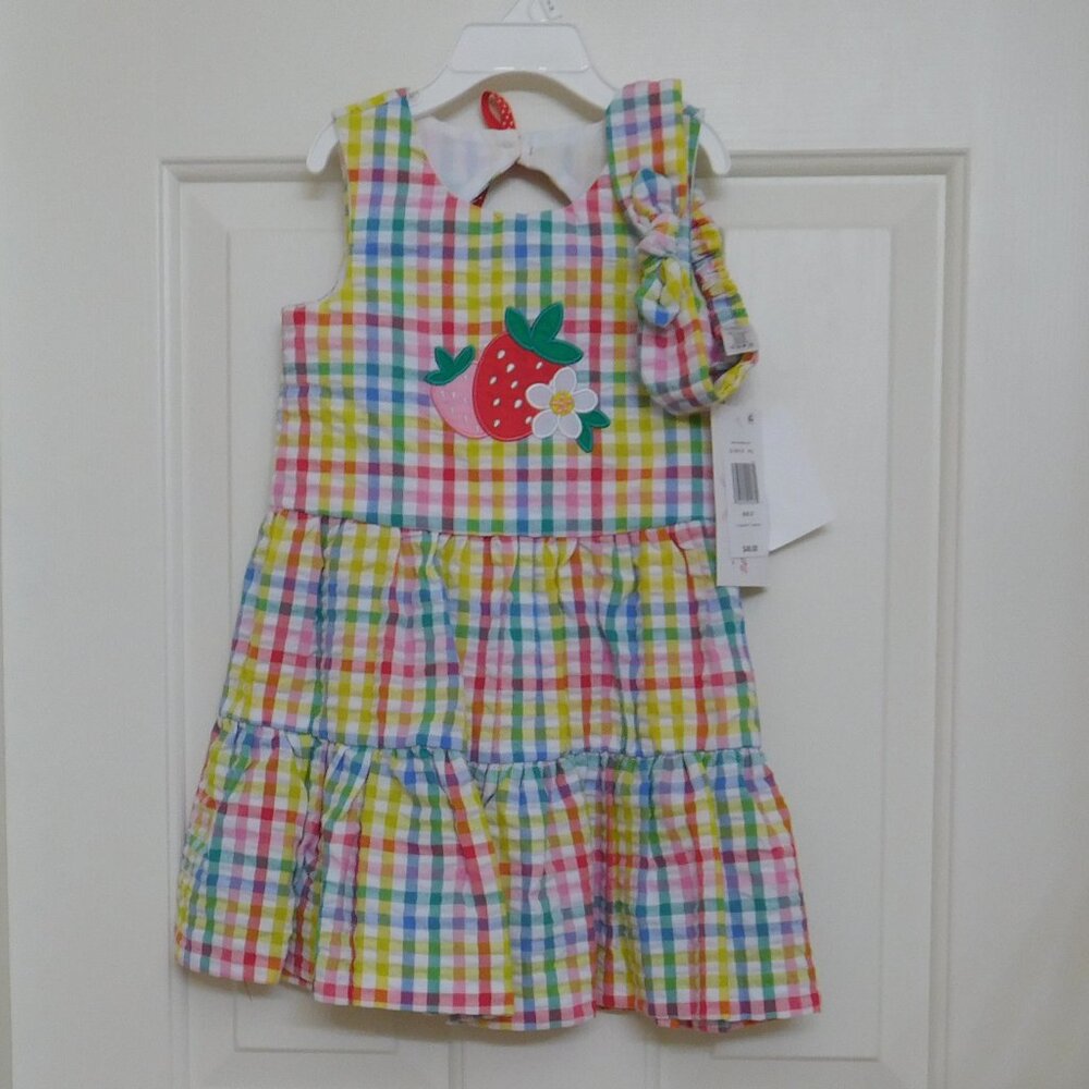 NWT Bonnie Jean Colorful Plaid Strawberry Seersucker Dress & Headband 3t